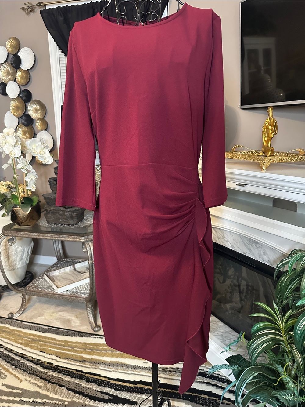 Miusol Burgundy Long Sleeve Ruched Sheath Dress